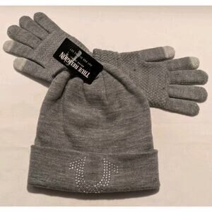 True Religion Womens Bling Knit Beanie Hat & Gloves Set Gray One Size NWT